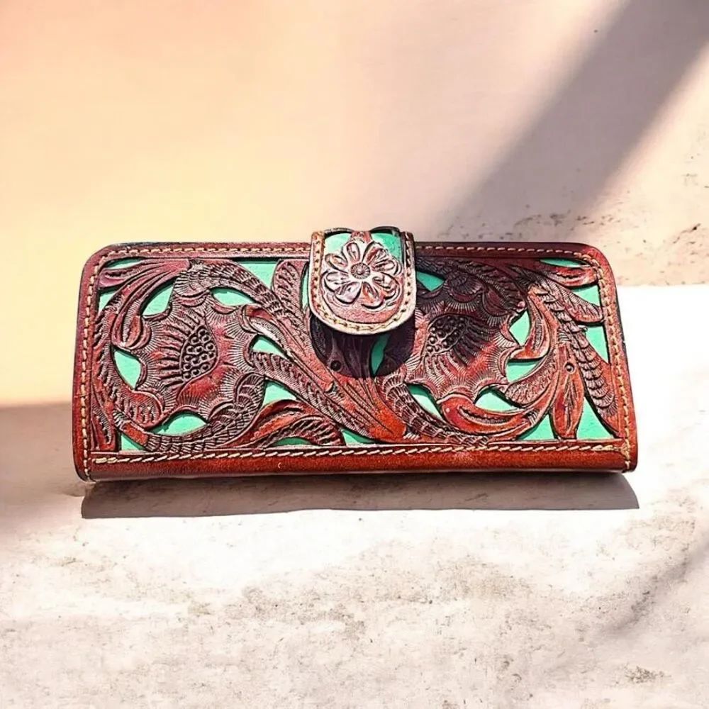 Hand Tooled Leather Western Wallet Brown/Teal Leather - Picture 1 of 4
